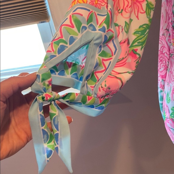 Lilly Pulitzer Pink and Blue Graphic Tie Front Blouse - Picture 3 of 9